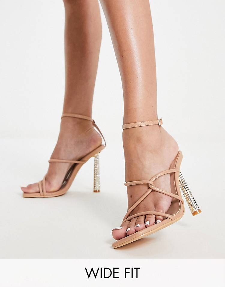Glamorous Wide Fit embellished strappy heeled sandals in beige